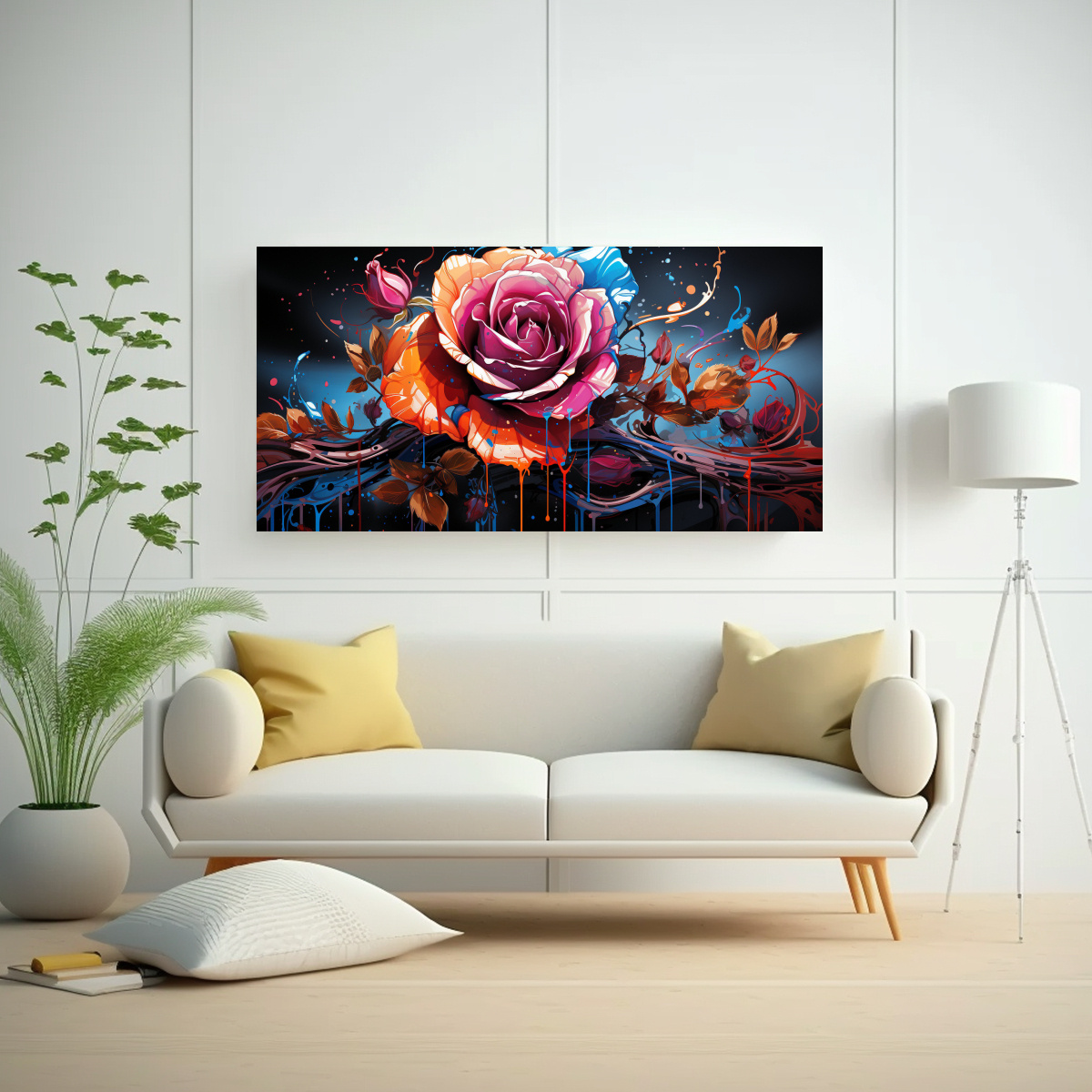 PINTURA DECORATIVA CON ROSA COLOREADA Y GOTEOS EN LOS PÉTALOS 140X70CM - 2