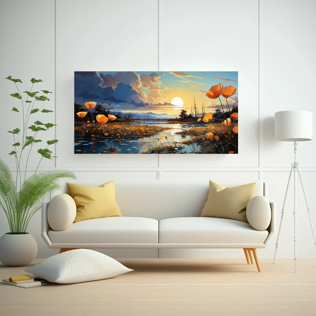 PINTURAS DE DECORACIÓN MODERNA ELEGANCIA CON PEQUEÑAS FLORES AMARILLAS Y ROSA EN EL CIEL 120X60CM - 2