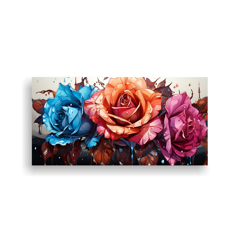 LIENZO DE TELA VINTAGE PINTURA DECORATIVA CON ROSA COLOREADA Y GOTEOS EN LOS PÉTALOS. 160X80CM - 1