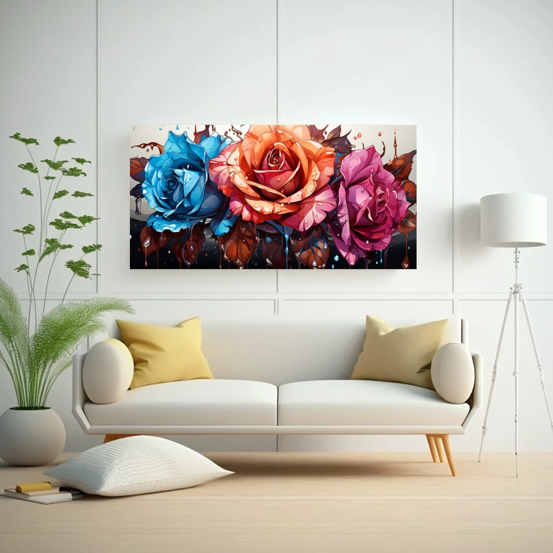 LIENZO DE TELA VINTAGE PINTURA DECORATIVA CON ROSA COLOREADA Y GOTEOS EN LOS PÉTALOS. 160X80CM - 2