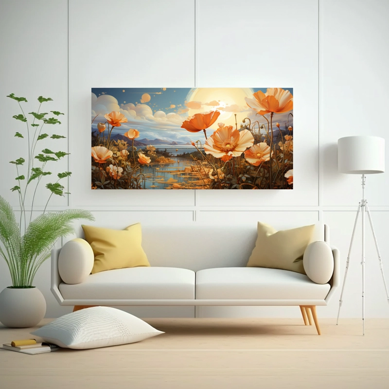 CUADRO DECORATIVO LIENZO TONOS LLAMATIVOS FLORES AMARILLAS PEQUEÑAS EN EL CIELO CON MARIP 120X60CM - 2