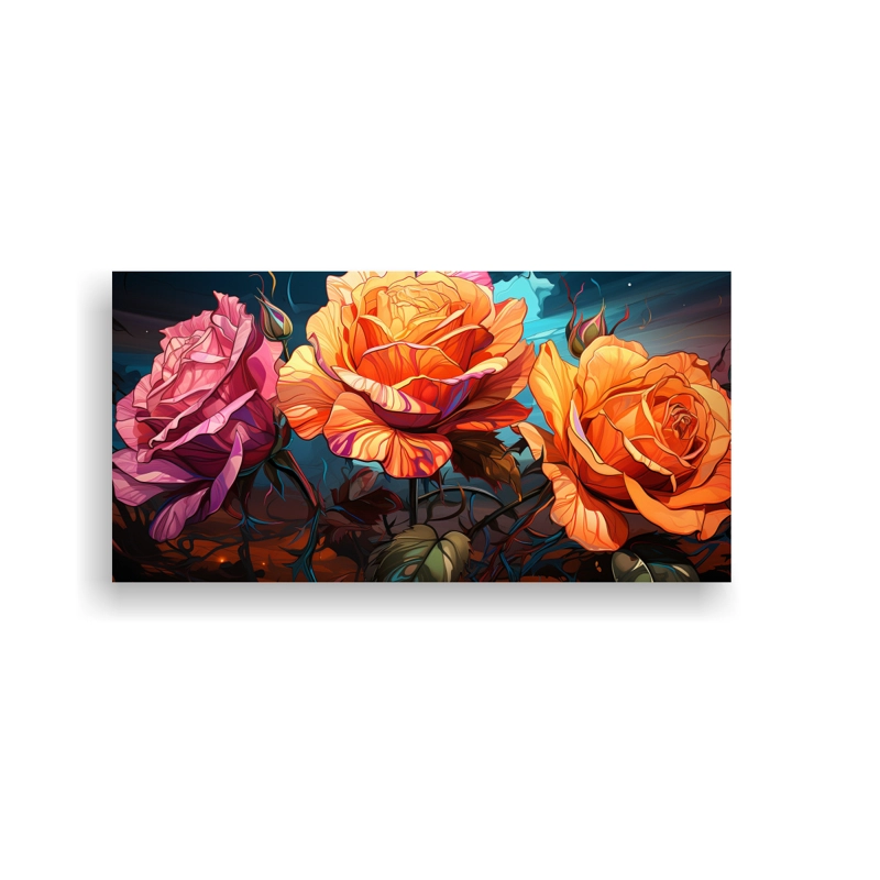 CUADRO DECORATIVO DE ROSAS HÍBRIDAS DE TÉ EN COMPOSICIÓN HORIZONTAL EN ESTILO POP ART 60X30CM - 1