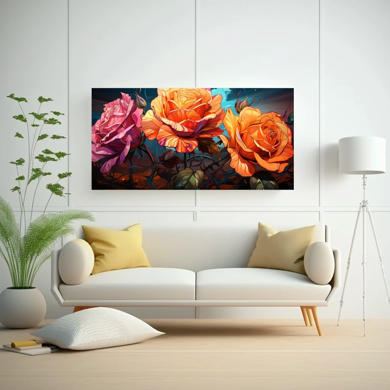 CUADRO DECORATIVO DE ROSAS HÍBRIDAS DE TÉ EN COMPOSICIÓN HORIZONTAL EN ESTILO POP ART 60X30CM - 2