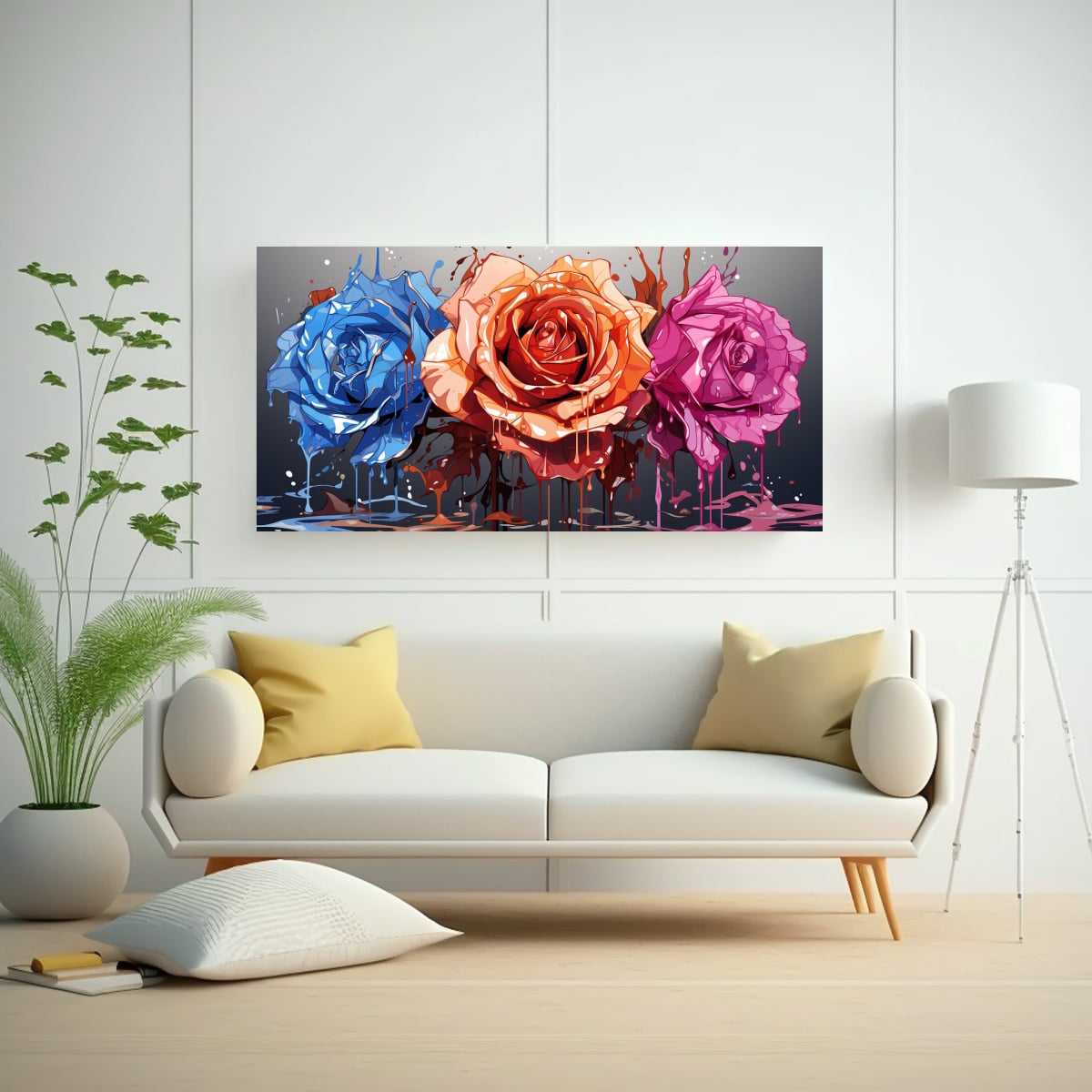 PINTURA DECORATIVA CON ROSA COLOREADA Y GOTEOS EN LOS PÉTALOS 80X40CM - 2