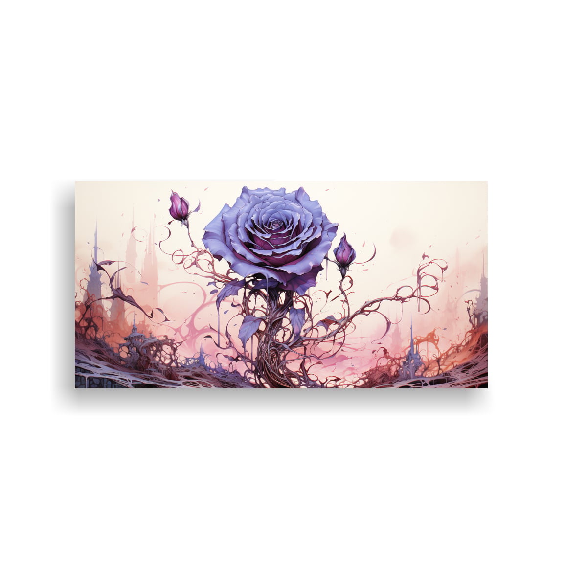 PINTURA DECORATIVA DE DETALLES INTRINCADOS DE UNA ROSA VENENOSA SOBRE FONDO BLANCO. 60X30CM - 1
