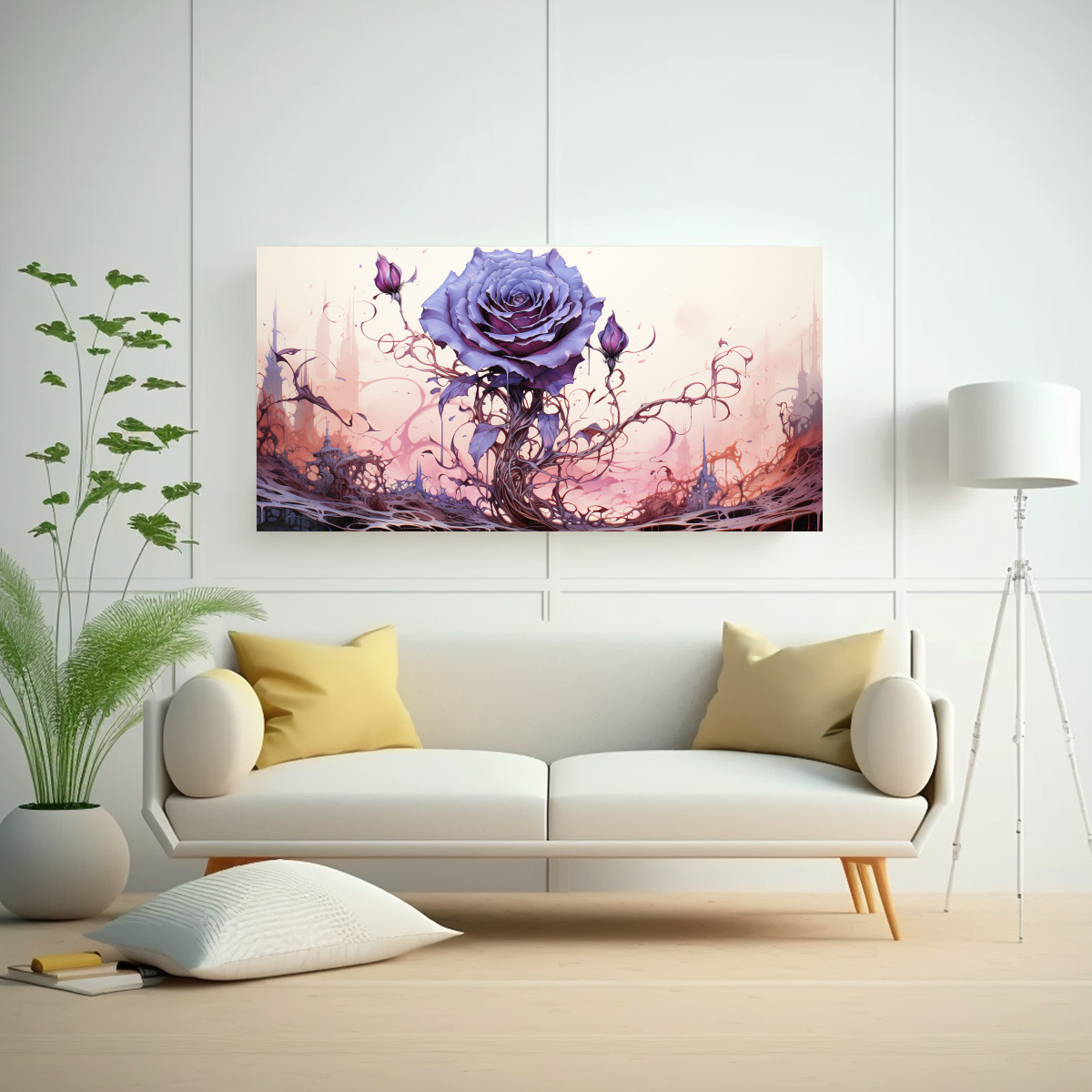 PINTURA DECORATIVA DE DETALLES INTRINCADOS DE UNA ROSA VENENOSA SOBRE FONDO BLANCO. 60X30CM - 2