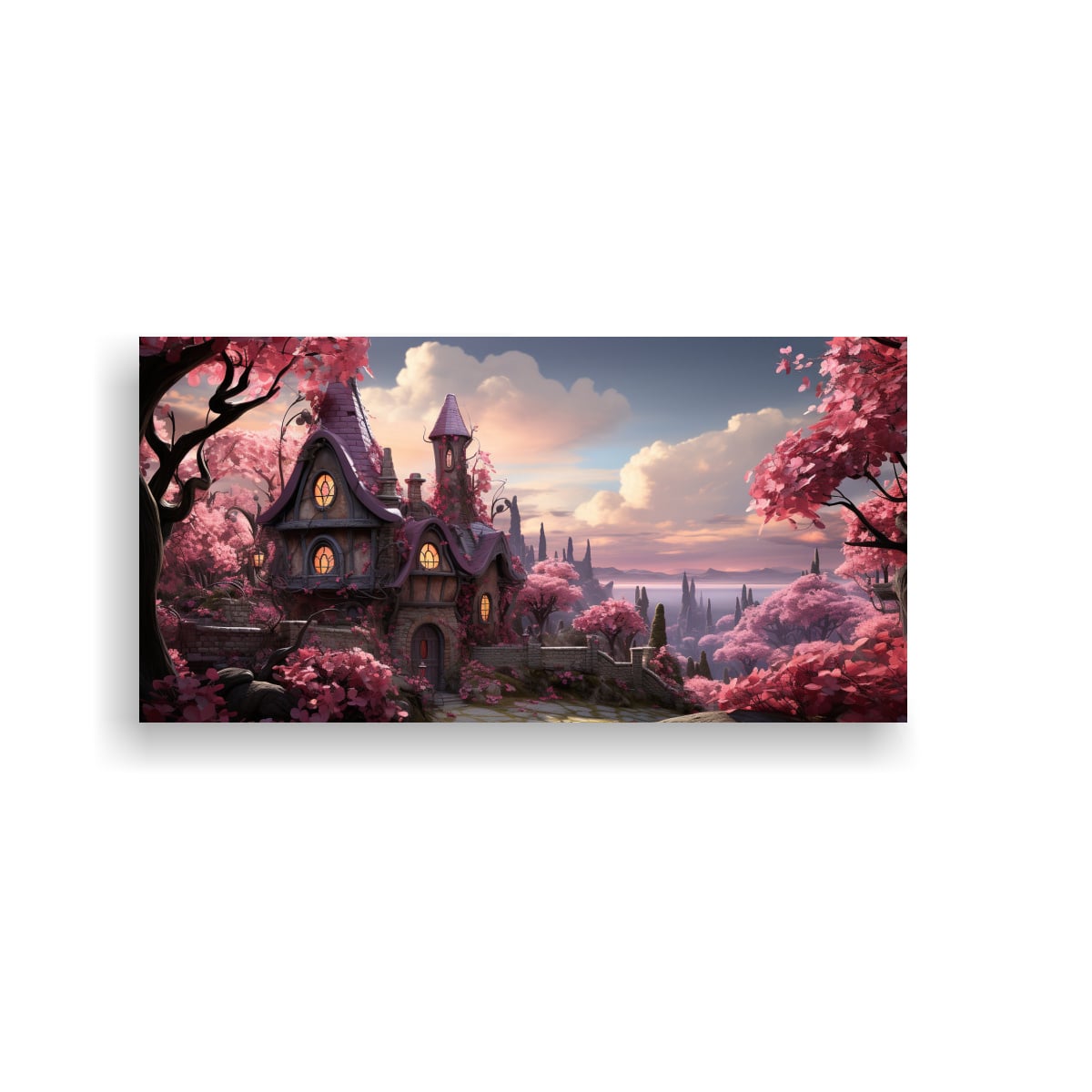 PINTURAS DECORATIVAS PARA EL COMEDOR: ENCANTADORA CABAÑA RODEADA DE SOBRES ROSADOS. 140X70CM - 1