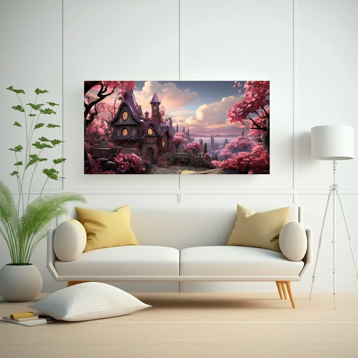 PINTURAS DECORATIVAS PARA EL COMEDOR: ENCANTADORA CABAÑA RODEADA DE SOBRES ROSADOS. 140X70CM - 2