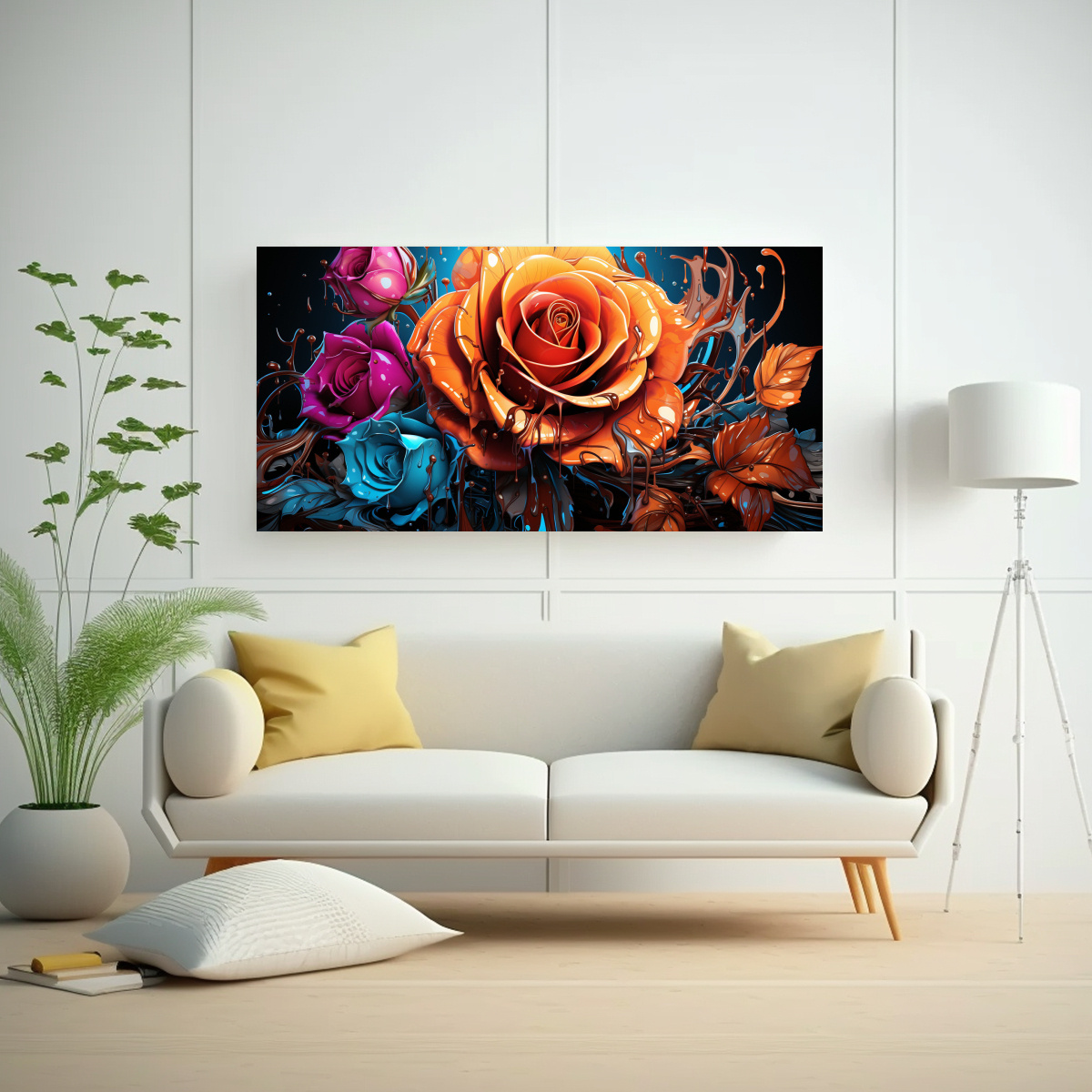 ARTE DE PARED HORIZONTAL MULTICOLOR VIBRANTE CON ROSA GOTEANDO PINTURA NEON INNOVADORA 60X30CM - 2