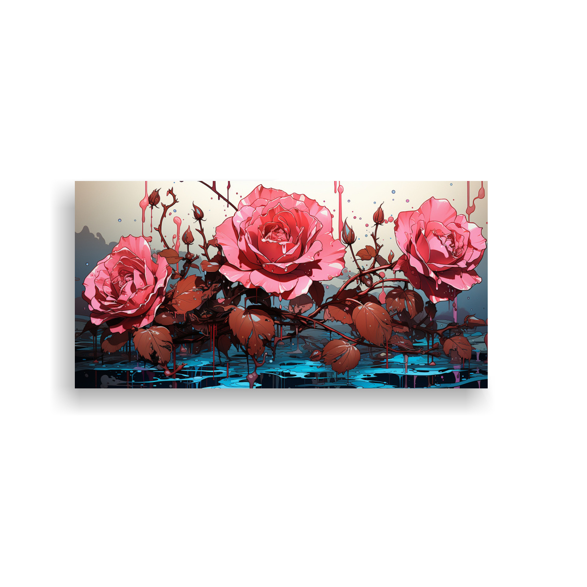 PINTURA EN BASTIDOR CON PATRÓN INTENSO: DIBUJO DE ROSA CON GOTAS GOTEANDO EN ELLA EN LA S 140X70CM - 1