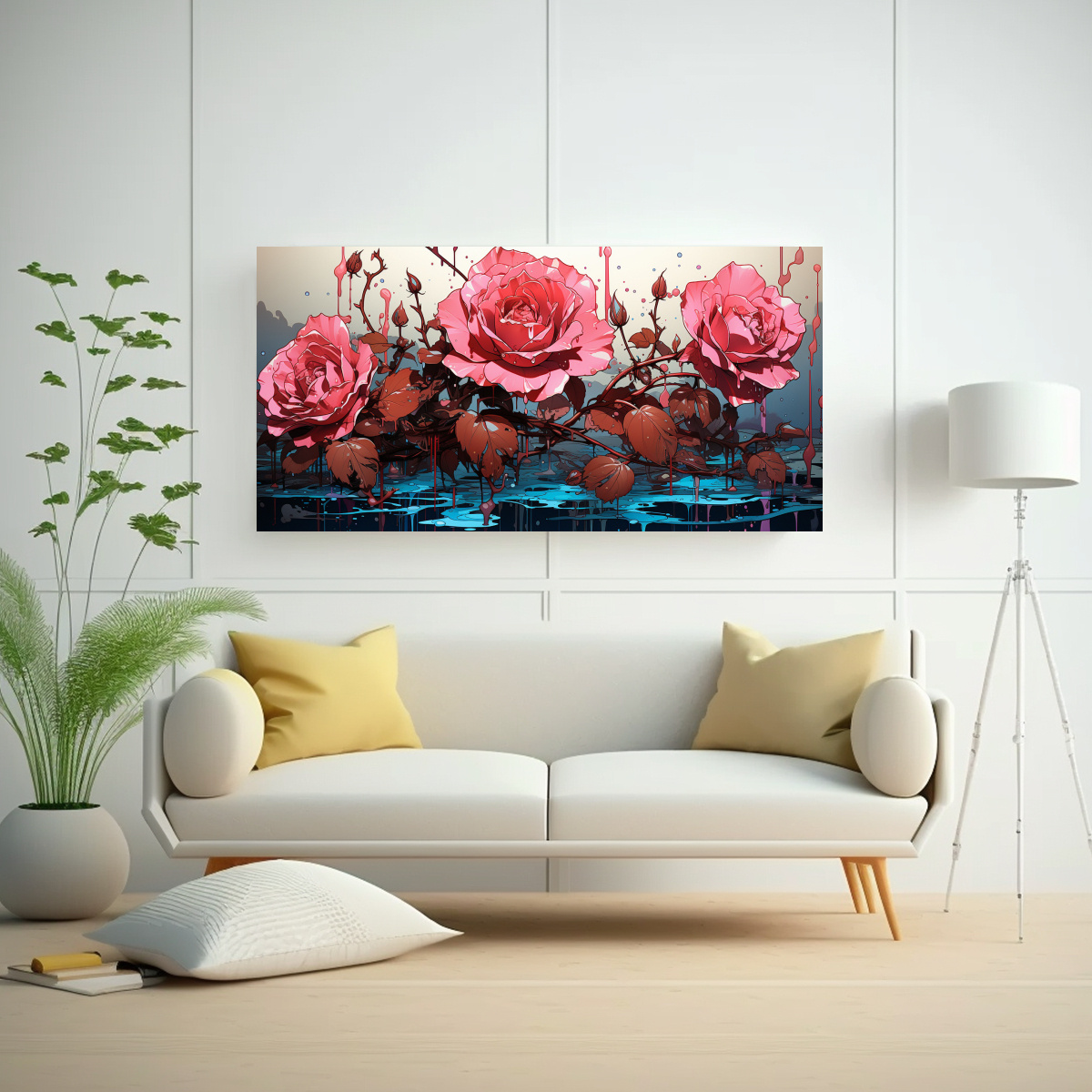 PINTURA EN BASTIDOR CON PATRÓN INTENSO: DIBUJO DE ROSA CON GOTAS GOTEANDO EN ELLA EN LA S 140X70CM - 2
