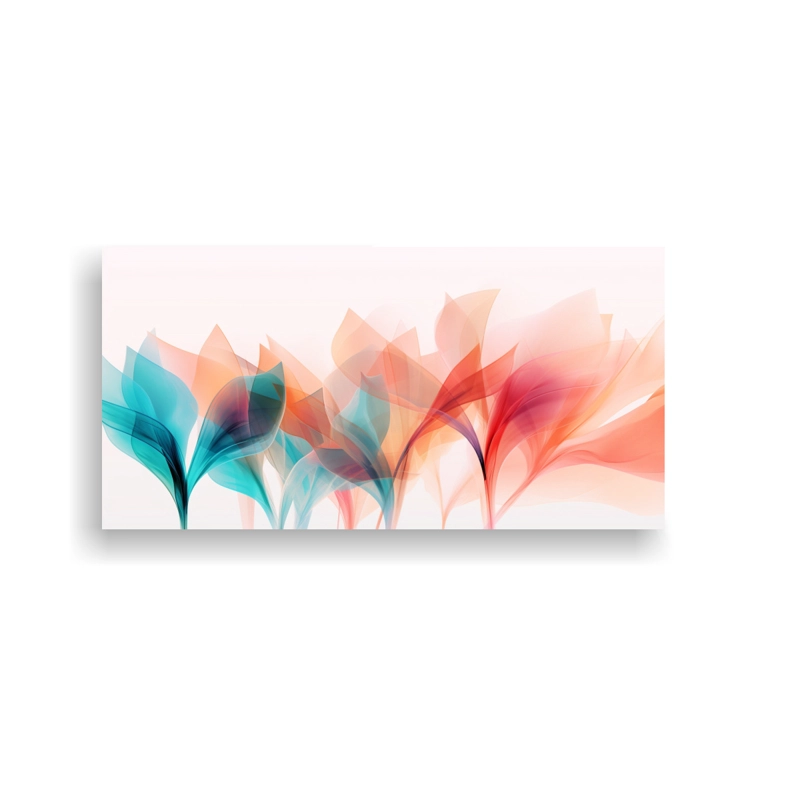 CUADRO DIBUJO FLORAL ABSTRACTO TRANSPARENTE EN TONOS TURQUESA, ROSA Y NARANJA. 160X80CM - 1