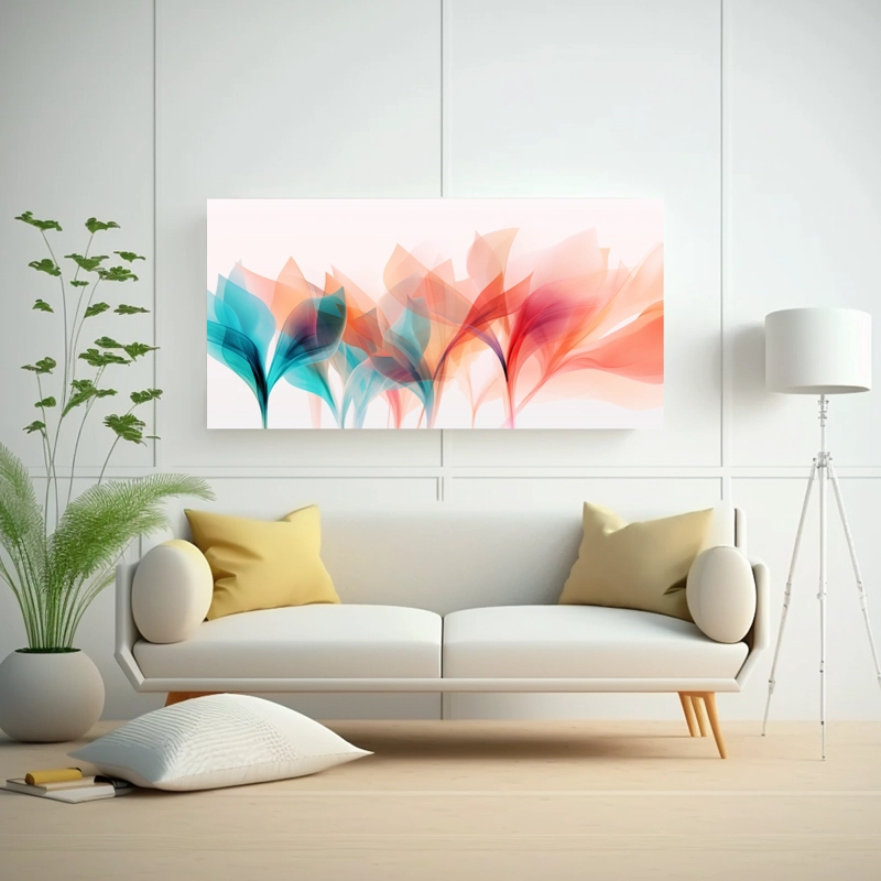 CUADRO DIBUJO FLORAL ABSTRACTO TRANSPARENTE EN TONOS TURQUESA, ROSA Y NARANJA. 160X80CM - 2