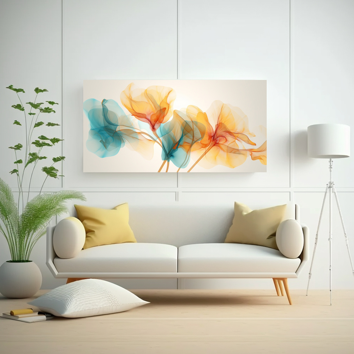 CUADRO ABSTRACTO DECORACIÓN COMEDOR CORAL TURQUESA AMARILLO FLORAL 60X30CM - 2