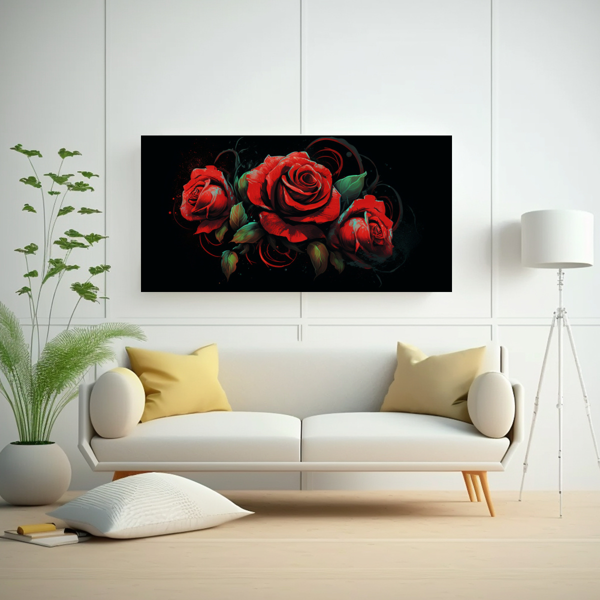 PINTURA DECORATIVA SURREALISTA DE ROSAS ROJAS EN ESTILO ARTÍSTICO SOBRE FONDO NEGRO 160X80CM - 2