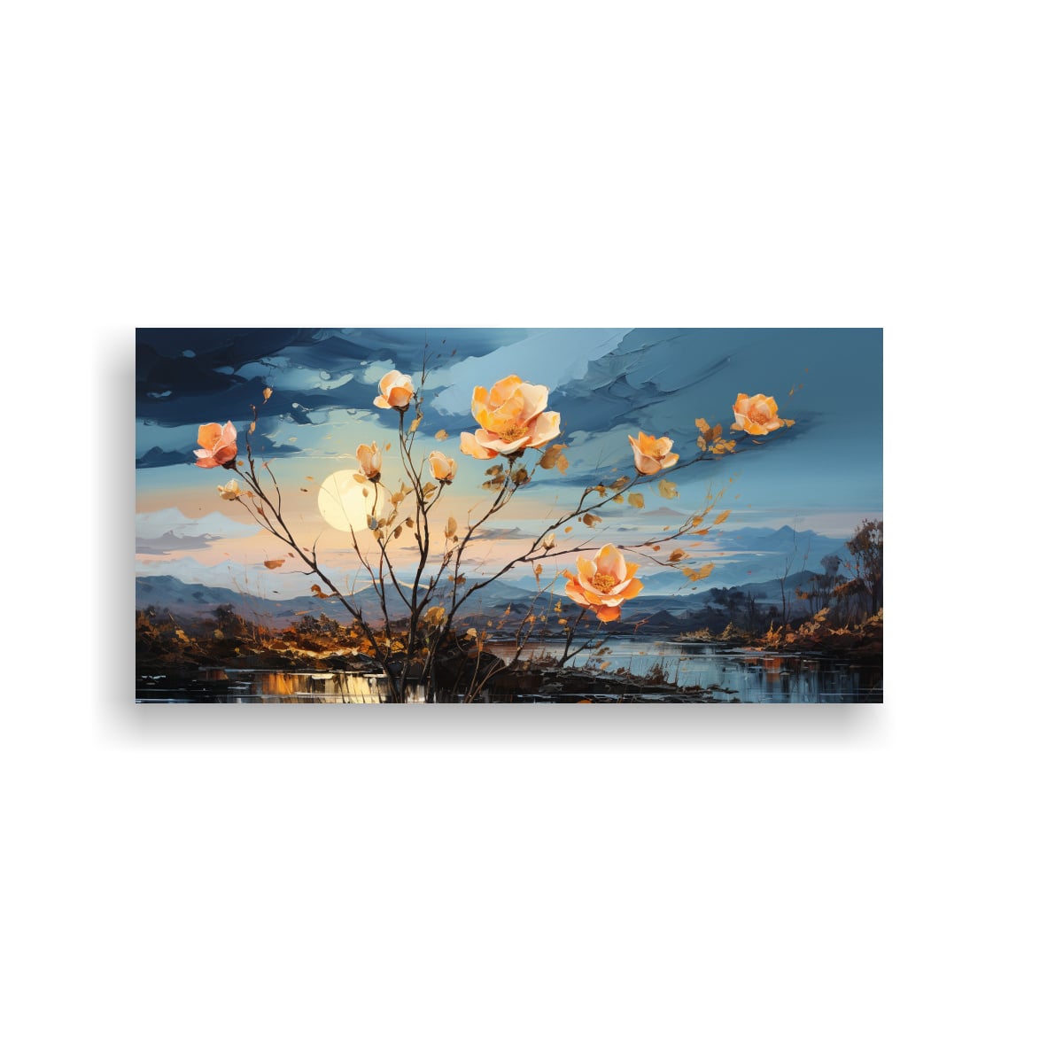 PINTURA DECORATIVA DE FLORES AMARILLAS Y ROSAS EN EL CIELO. 140X70CM - 1