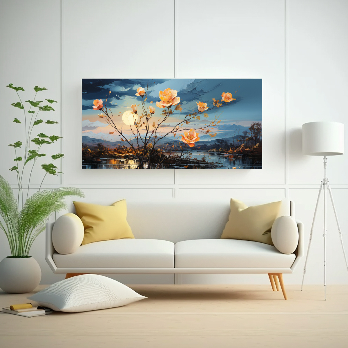 PINTURA DECORATIVA DE FLORES AMARILLAS Y ROSAS EN EL CIELO. 140X70CM - 2