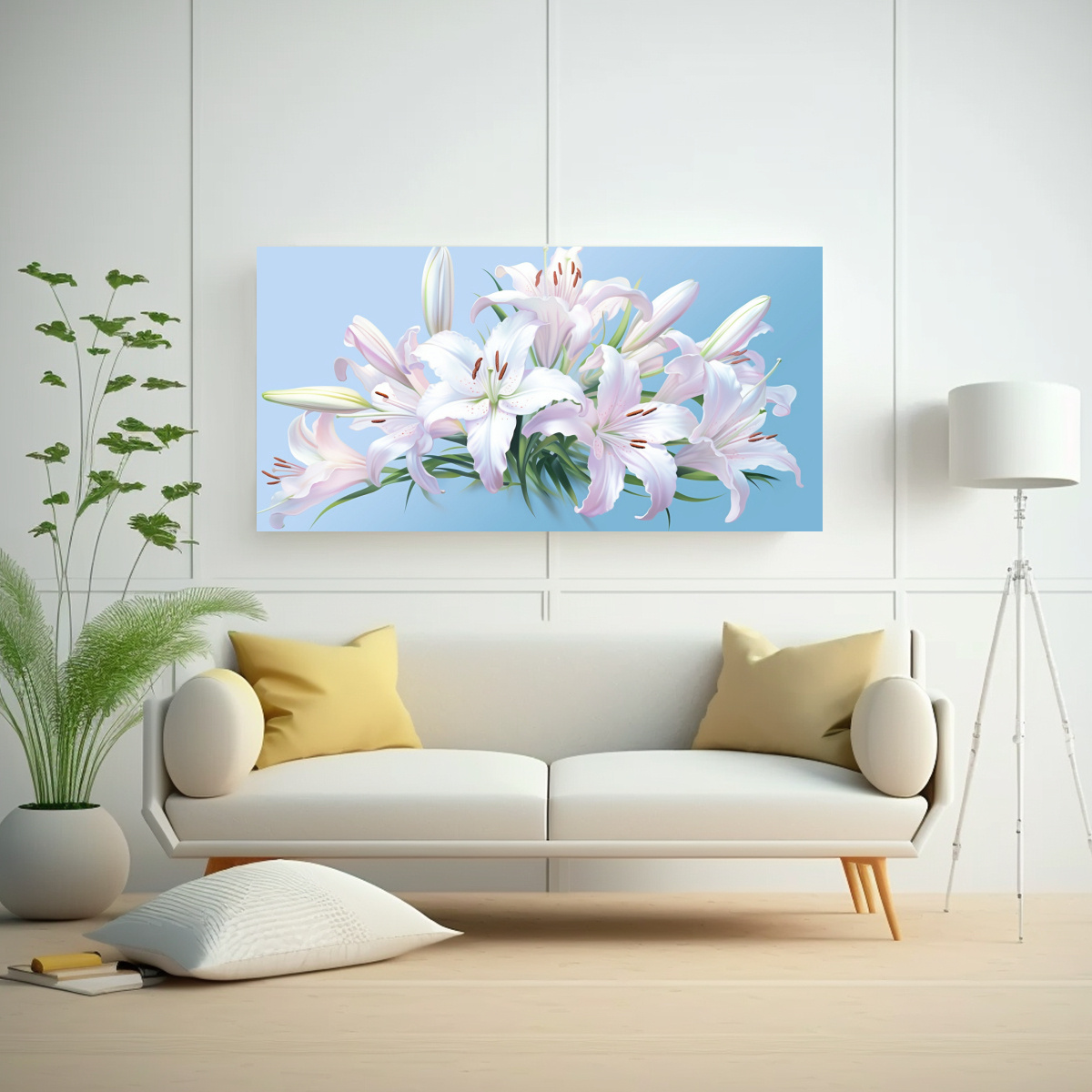 ARTE ABSTRACTO: RAMO ASIMÉTRICO DE LIRIOS BLANCOS CON FLORES PINTADAS 60X30CM - 2