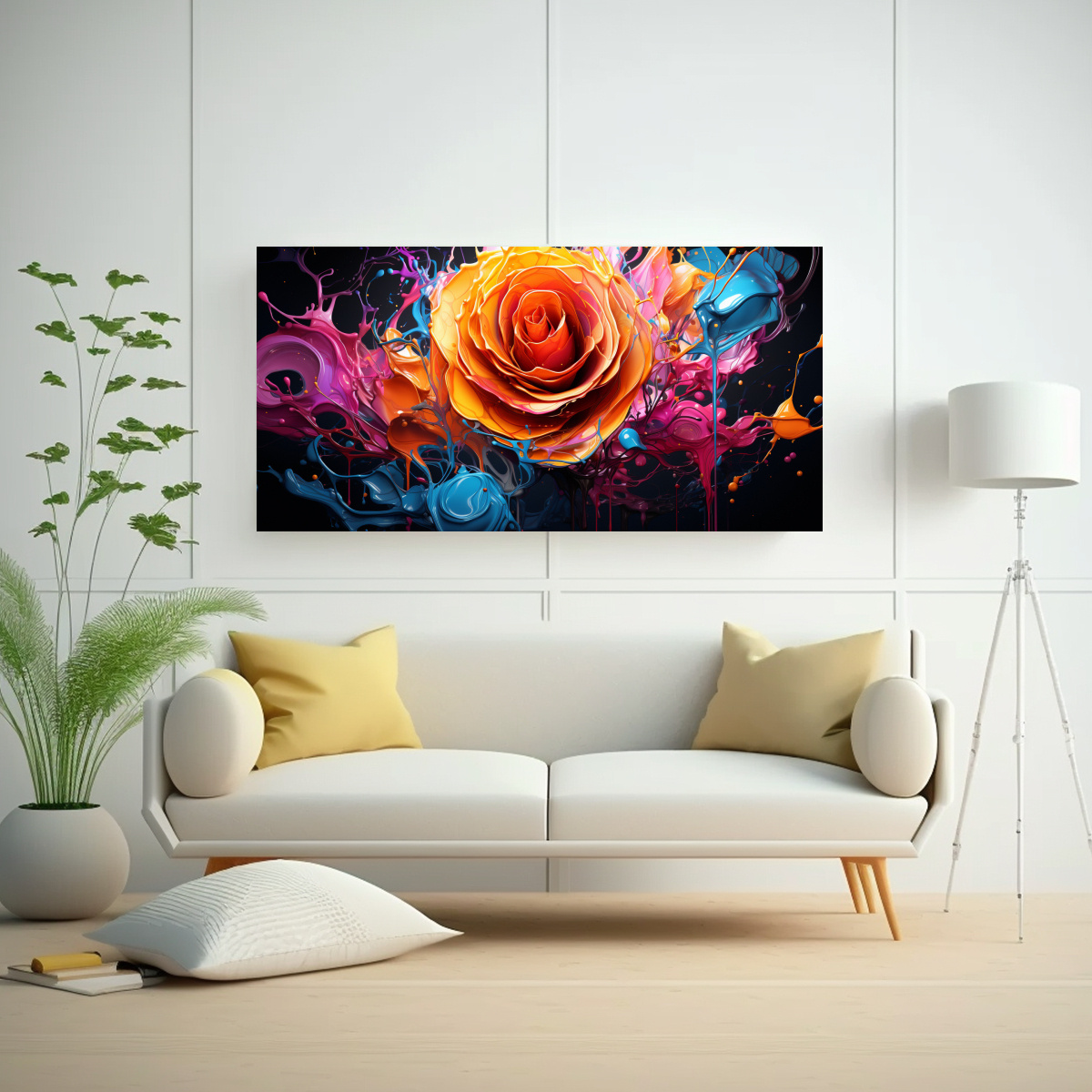 PINTURA DECORATIVA ENIGMÁTICA MULTICOLOR CON ROSA VIBRANTE Y GOTEO DE PINTURA NEON 1 PIE 100X50CM - 2