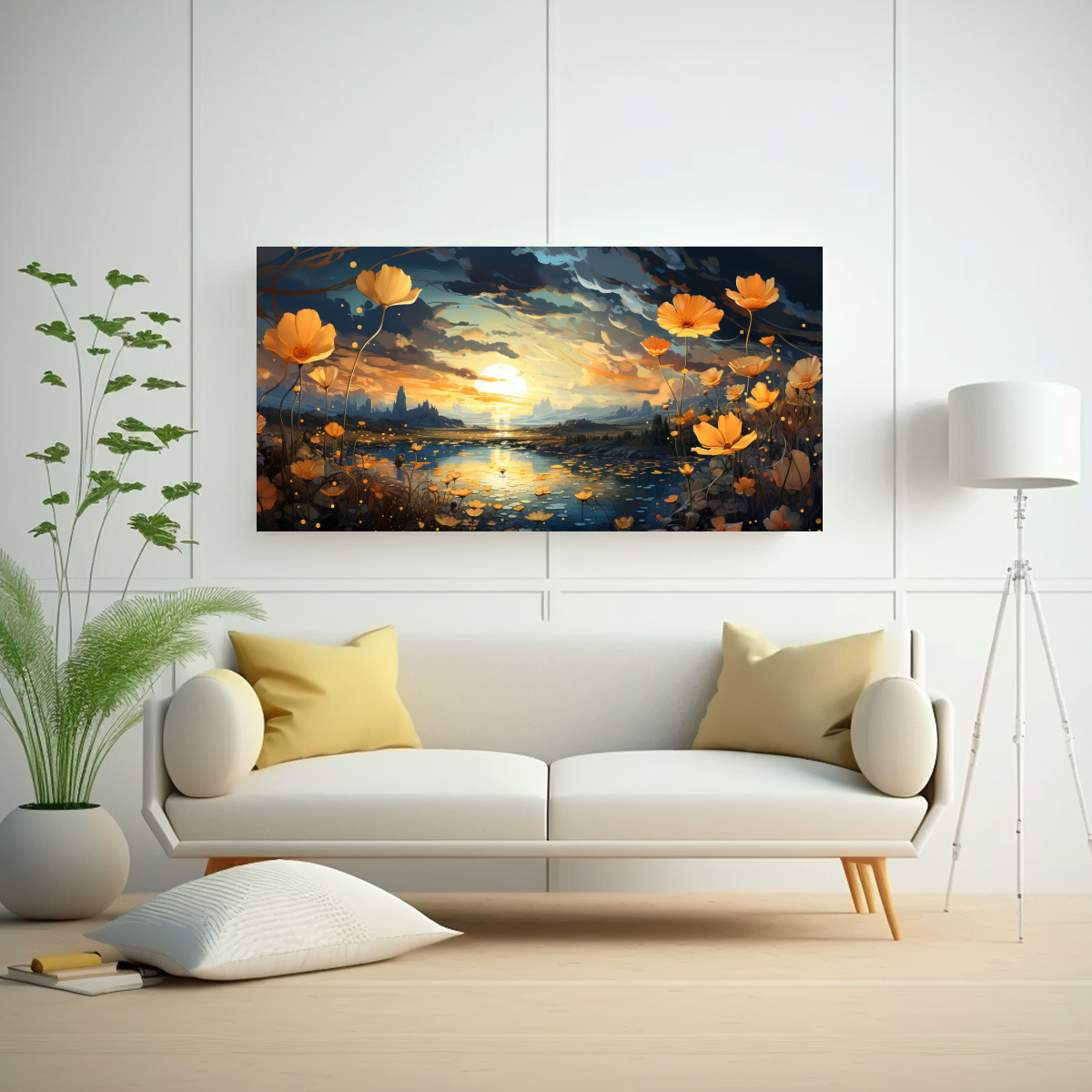 TELA EN BASTIDOR PATRON INTENSO CLÁSICO CON PEQUEÑAS FLORES AMARILLAS EN EL CIELO ROSA C 120X60CM - 2