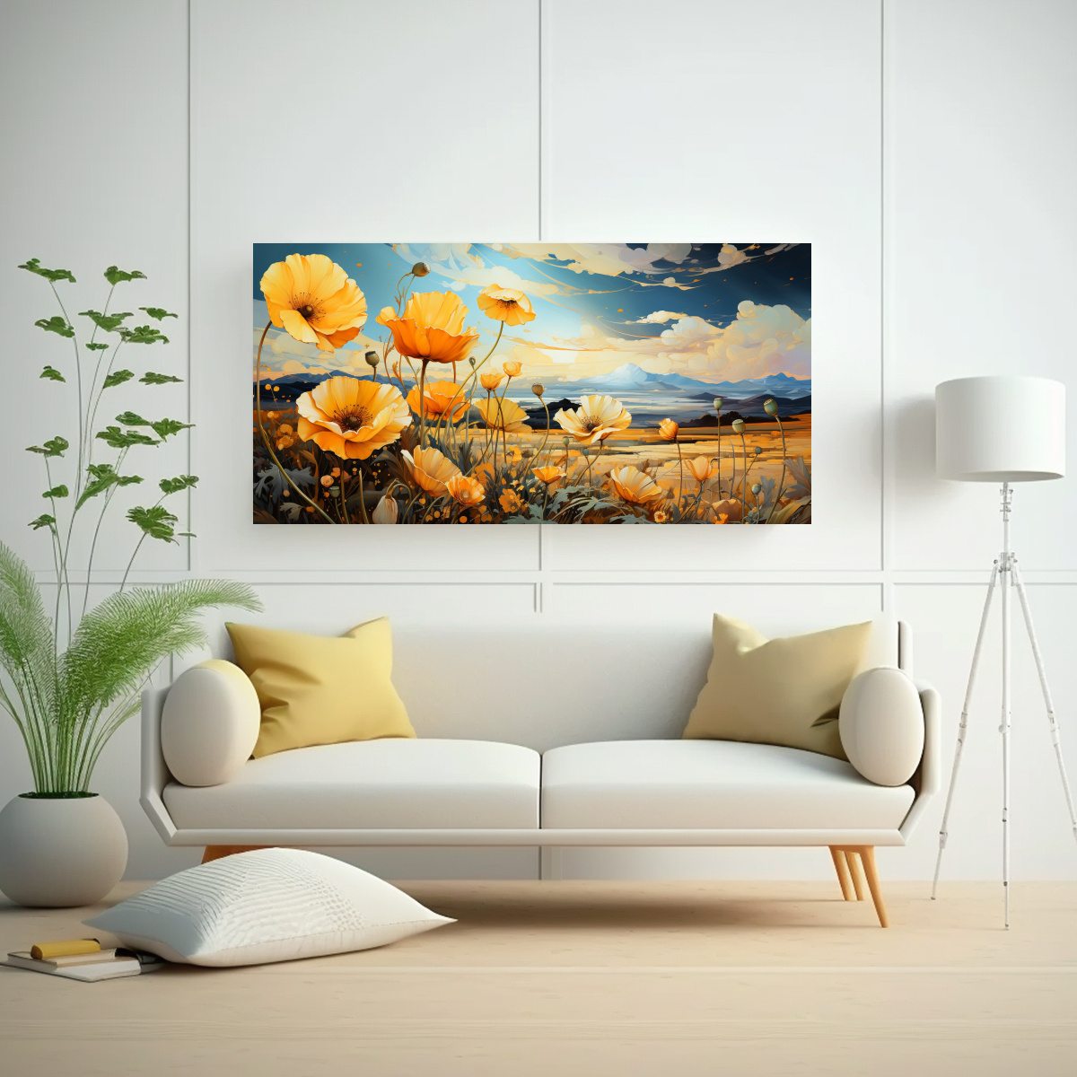 PINTURAS DECORATIVAS DE COMPOSICIÓN ESPECTACULAR RESISTENTE CON PEQUEÑAS FLORES AMARILLA 160X80CM - 2
