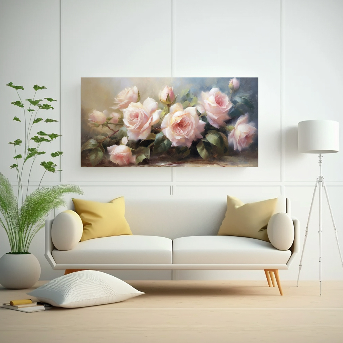 CUADRO BARROCO DE ESTILO ÓLEO EN TONOS CÁLIDOS CON ROSAS BLANCAS Y ROSADAS PARA DECORACI 60X30CM - 2