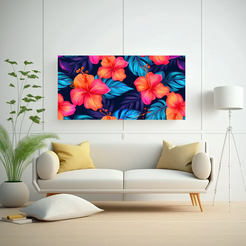 LIENZO DE TELA CON FIGURAS CÁLIDAS DE FLORES TROPICALES Y PATRÓN SIN COSTURAS DE HIBISCO 100X50CM - 2