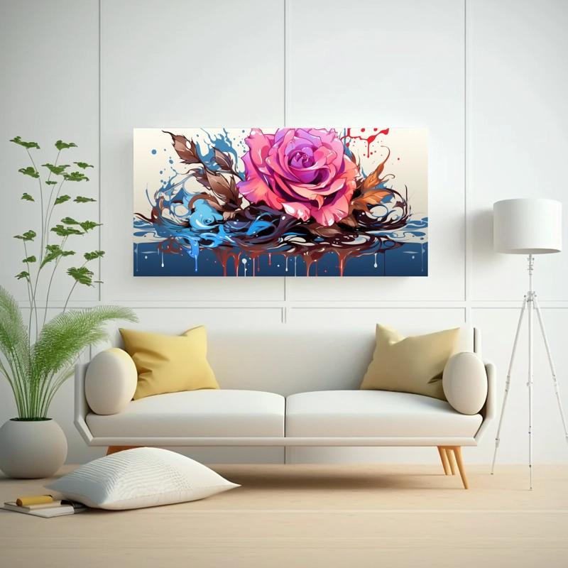 LIENZO PARA DORMITORIO: ARTE DE PARED ABSTRACTO CON LOGO CIAN OSCURO Y ROSA DERRETIDO. 140X70CM - 2