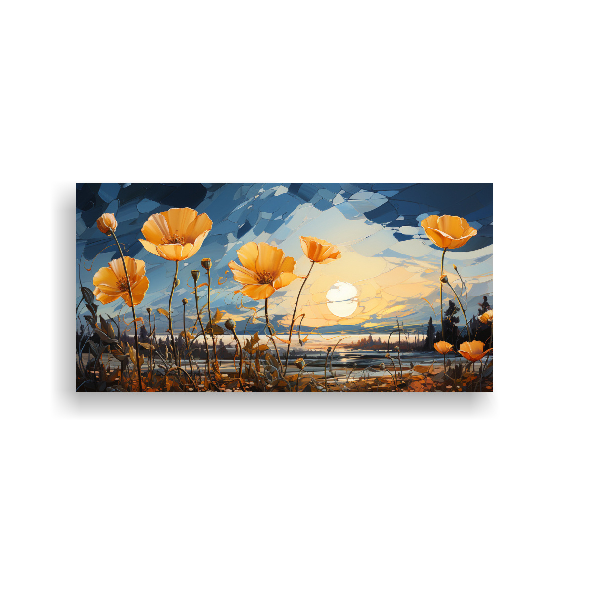 PINTURA DECORATIVA CON PEQUEÑAS FLORES AMARILLAS EN EL CIELO CON ROSA; CANVA COMPOSICIÓN 120X60CM - 1