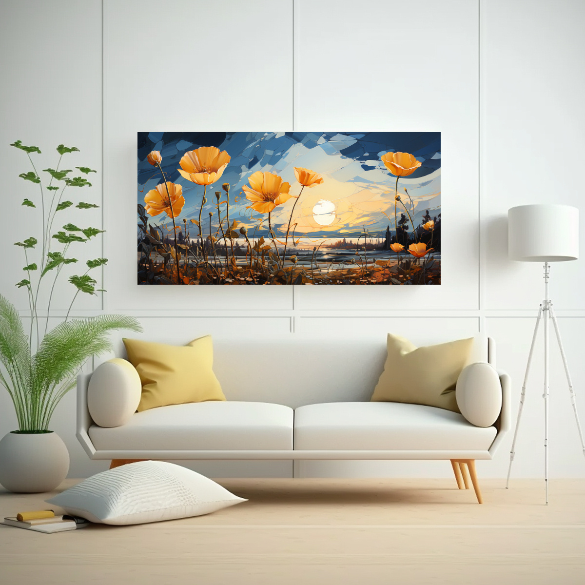 PINTURA DECORATIVA CON PEQUEÑAS FLORES AMARILLAS EN EL CIELO CON ROSA; CANVA COMPOSICIÓN 120X60CM - 2