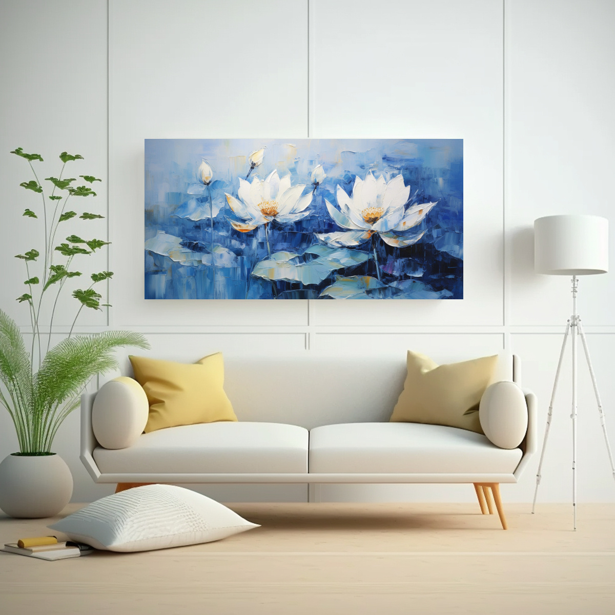 PINTURA AZUL DE LOTO EN LIENZO ESTILO BOHEMIO: 100X50 CM - 2