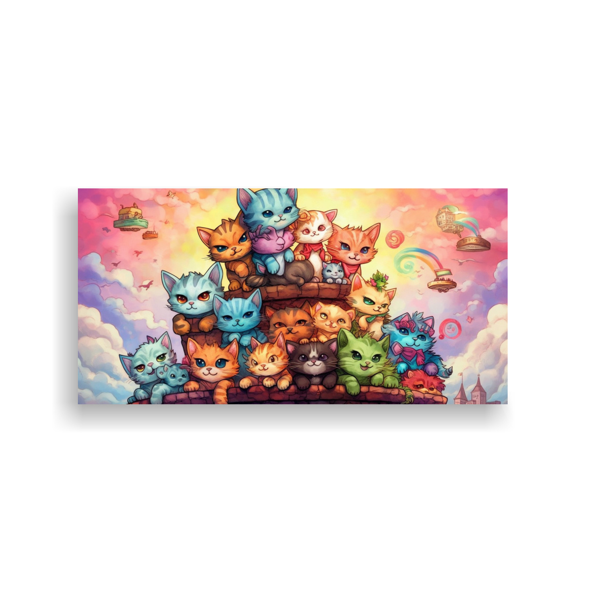 CUADRO GATOS COLORES PERCHED EN PILA MIRÁNDOSE 120X60 CM - 1