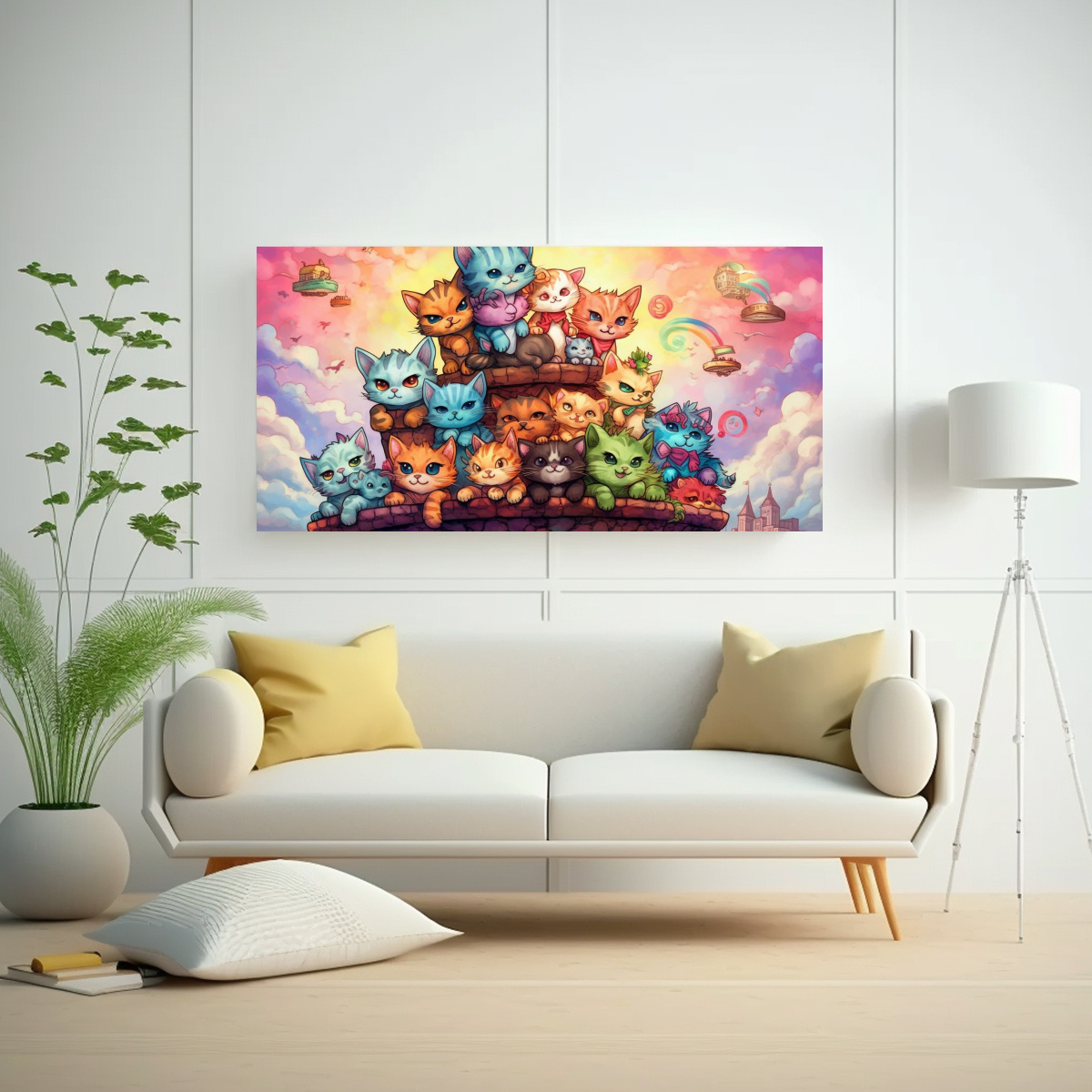 CUADRO GATOS COLORES PERCHED EN PILA MIRÁNDOSE 120X60 CM - 2