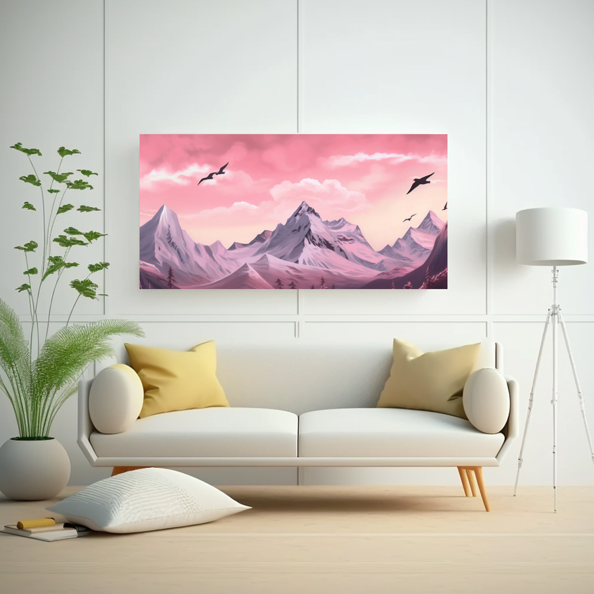 CUADRO DE TELA MODERNO CON MONTAÑA Y AVES EN 100X50 CM - 2