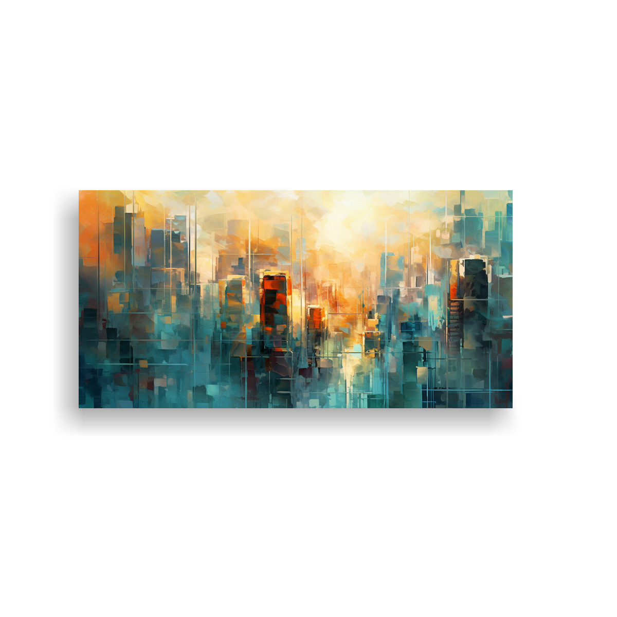 CUADRO ABSTRACTO DE CIUDAD FUTURISTA AL AMANECER. 80X40 CM - 1