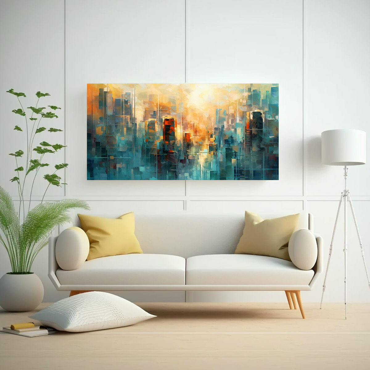CUADRO ABSTRACTO DE CIUDAD FUTURISTA AL AMANECER. 80X40 CM - 2