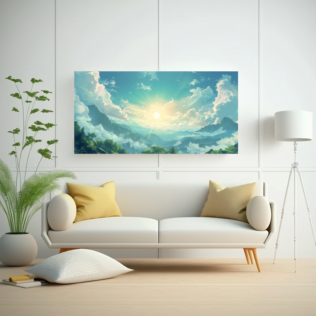 PINTURA DECORATIVA DE ESCENA CON SOL, NUBES Y 80X40 CM - 2