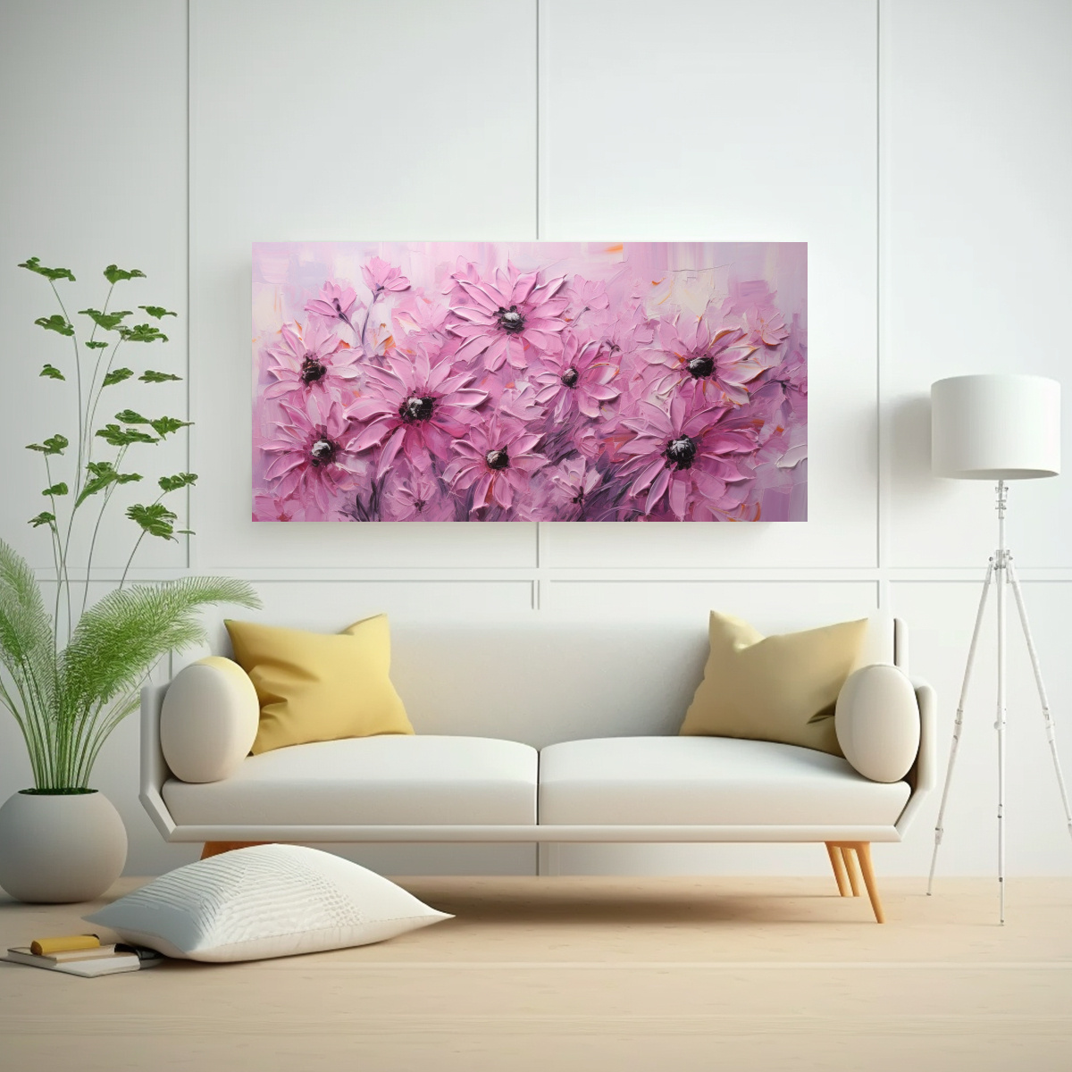 PINTURA ACUARELA FLORES DE GIRASOL ROSA EN LIENZO 120X60 CM - 2