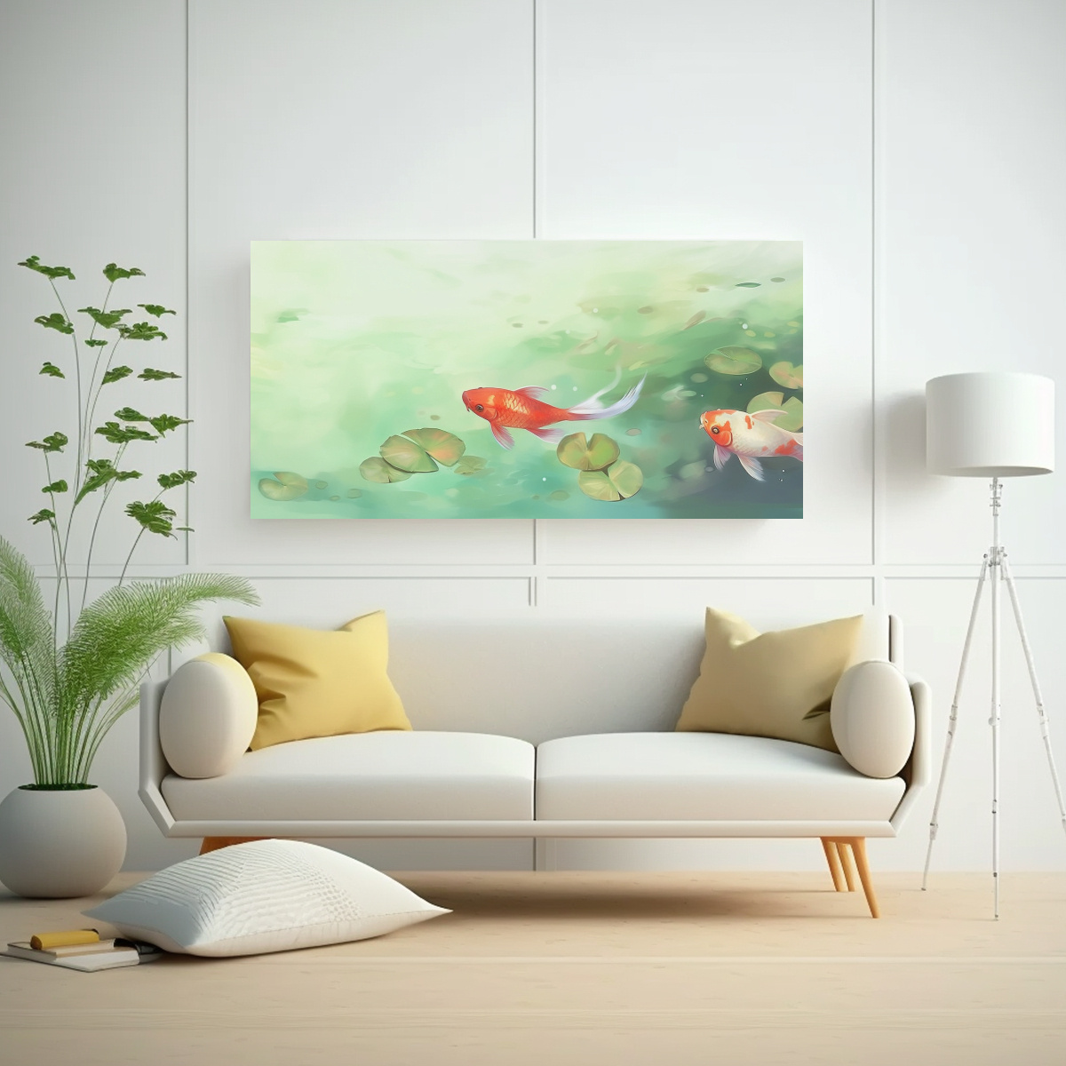 PINTURA DECORATIVA: DOS PECES FLOTAN EN ESTANQUE 140X70 CM - 2