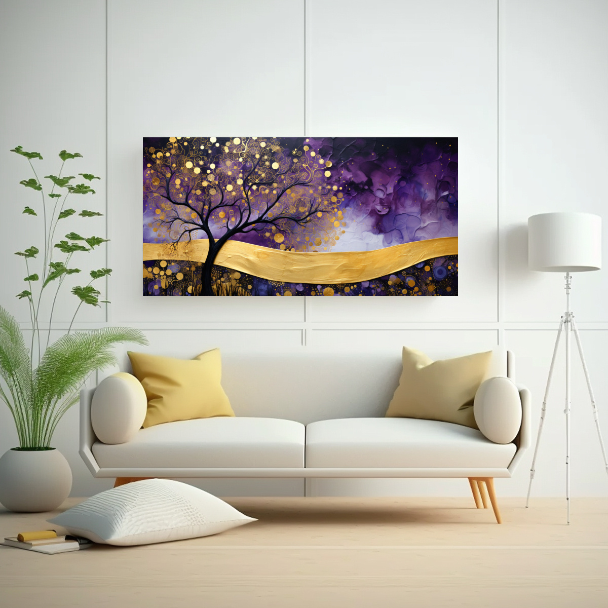 PINTURA DECORATIVA DE ÁRBOL EN MORADO Y AMARILLO 120X60 CM - 2