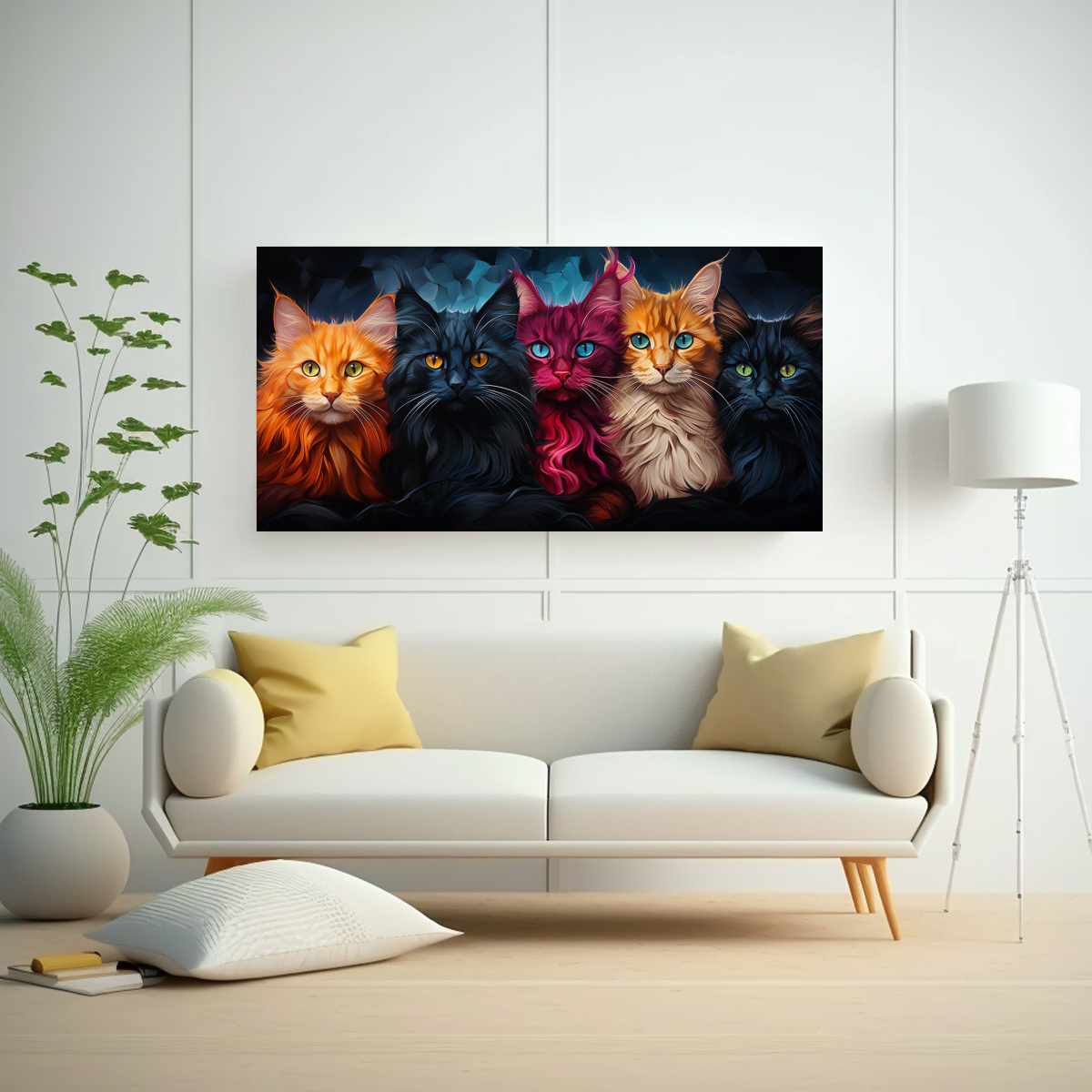 CUADRO DE GATOS DE COLORES EN LIENZO CON TONOS 140X70 CM - 2