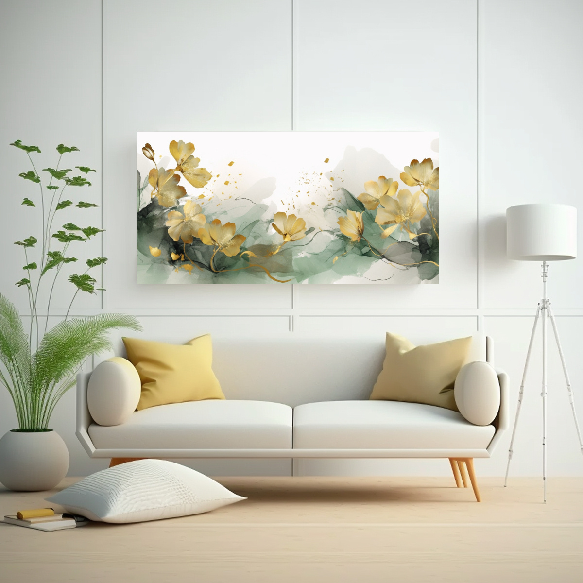 CUADRO ABSTRACTO FLORAL EN ACUARELA VERDE Y 80X40 CM - 2