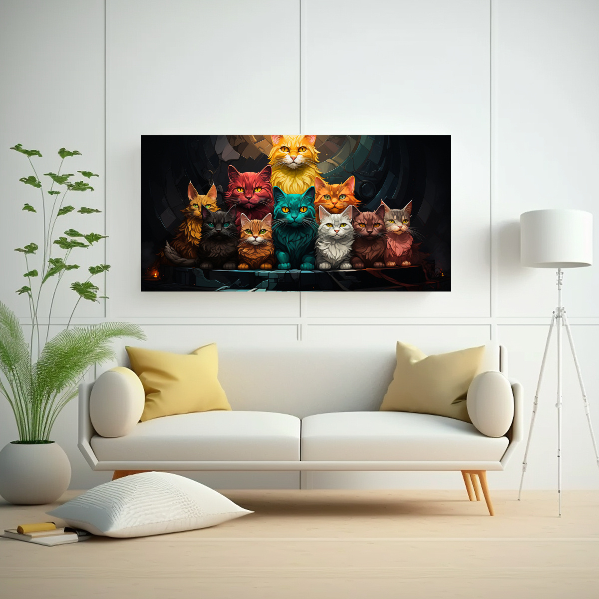 PINTURA DE GATOS DE COLORES APILADOS. 100X50 CM - 2