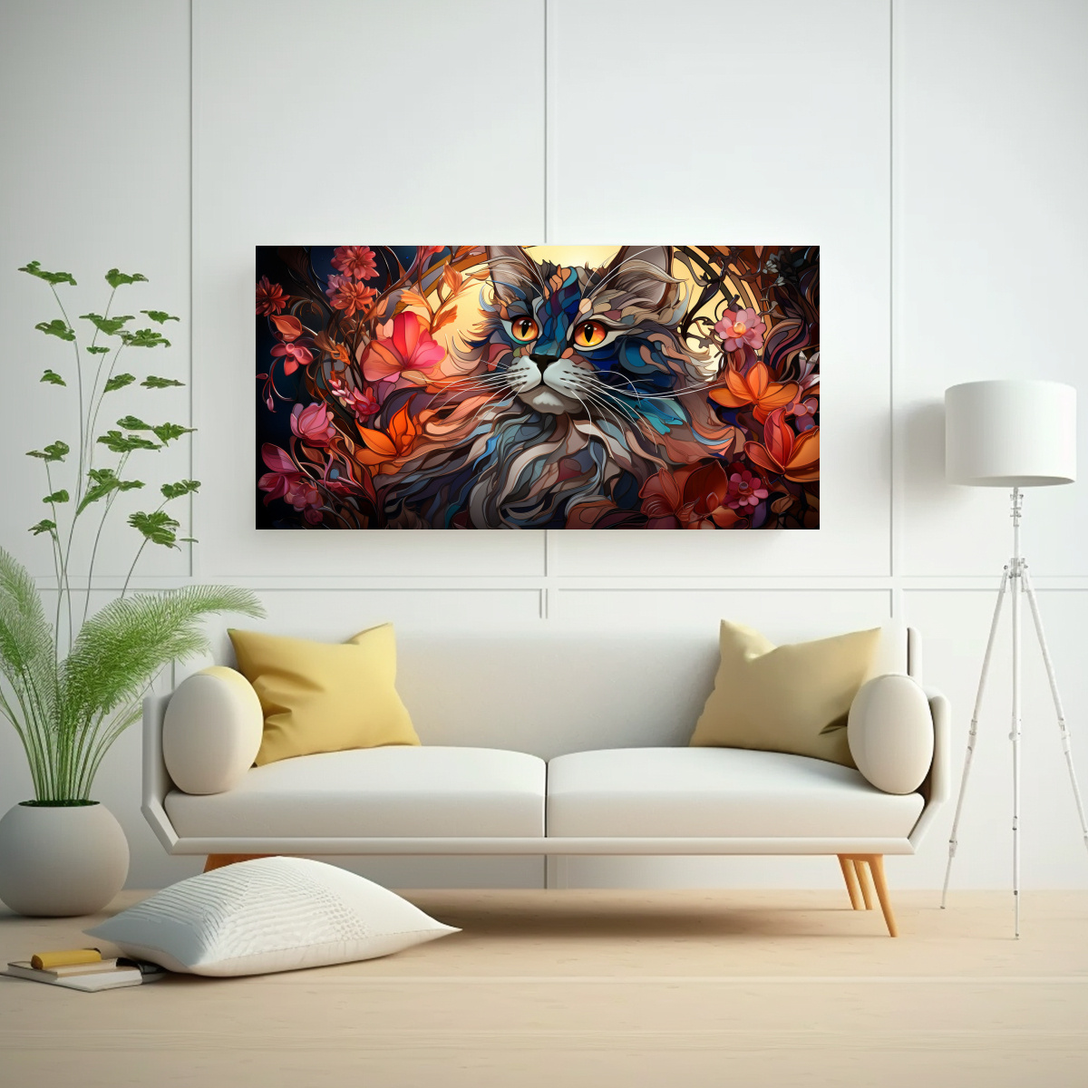 PINTURA DE GATO SONRIENTE EN VITRAL: DECORACIÓN 140X70 CM - 2