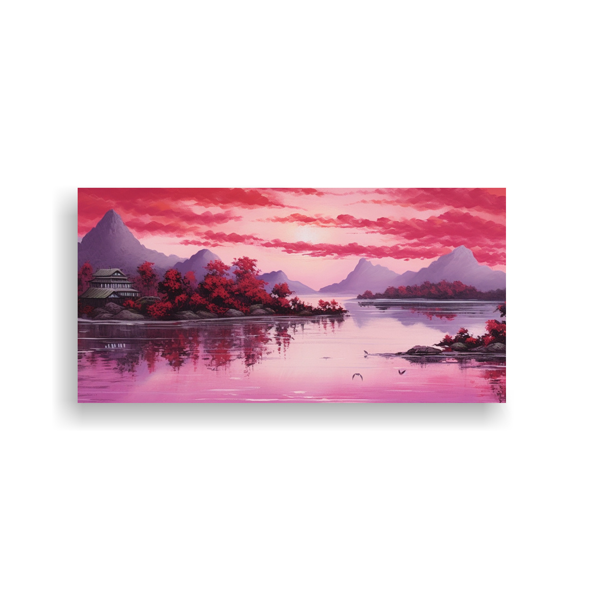 CUADRO ACUARELA: PAISAJE ASIÁTICO DE LAGO Y 60X30 CM - 1