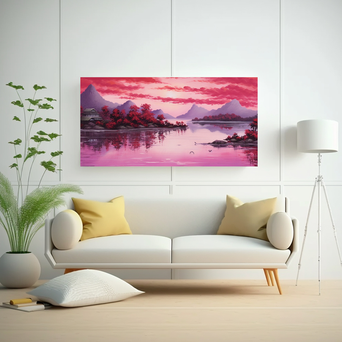 CUADRO ACUARELA: PAISAJE ASIÁTICO DE LAGO Y 60X30 CM - 2