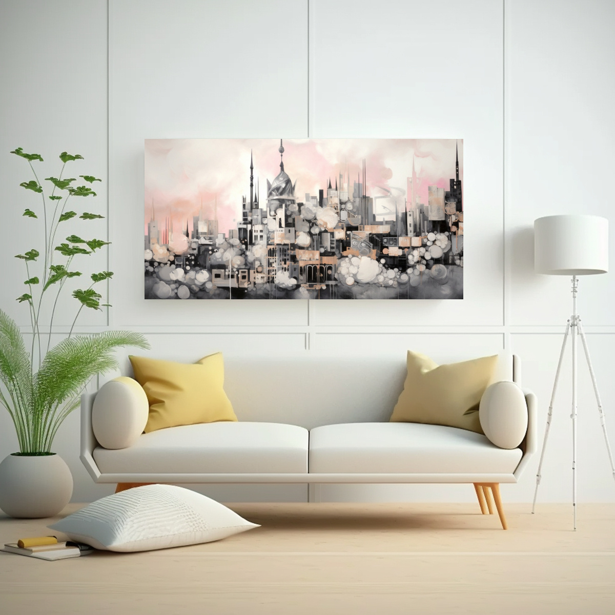 CUADRO DE TELA ABSTRACTO DE CIUDAD EN BLANCO Y 60X30 CM - 2
