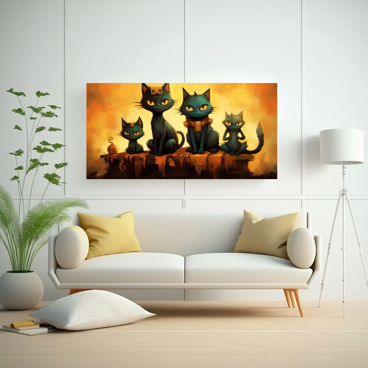 CUADRO GATOS NEGROS SOBRE PILA, MIRANDO AL 100X50 CM - 2