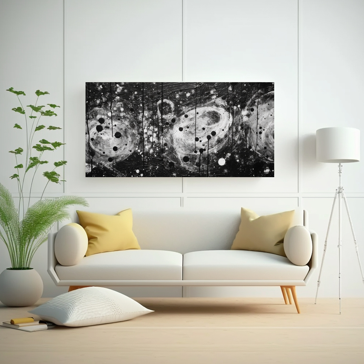 PINTURA ABSTRACTA EN BLANCO Y NEGRO CON CÍRCULOS 140X70 CM - 2