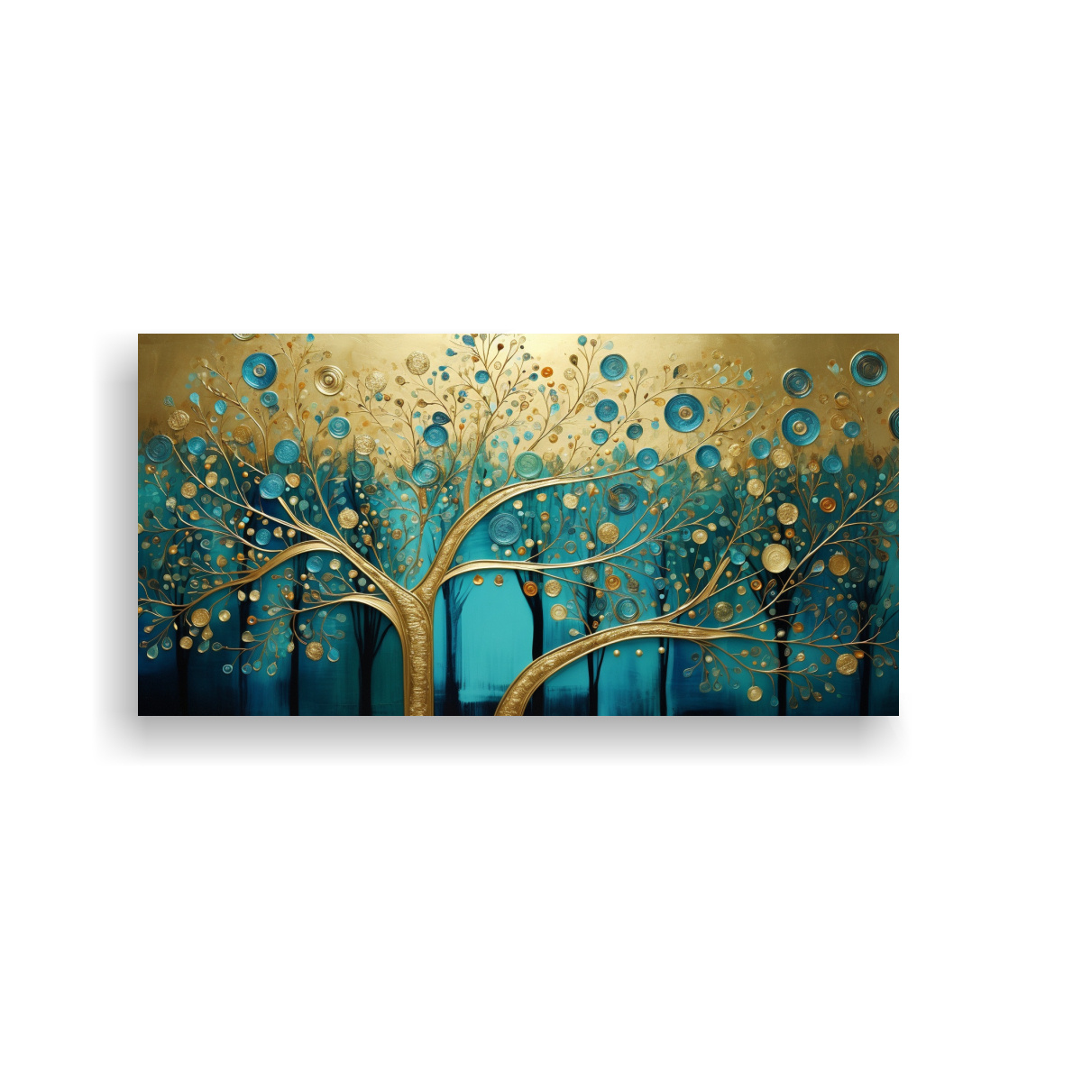 CUADRO DE ÁRBOL EN TURQUESA Y DORADO ESTILO POP 160X80 CM - 1